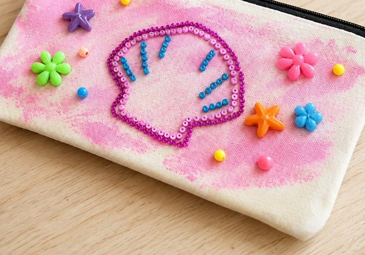 Close-up of beads and gems glued onto a painted pencil case