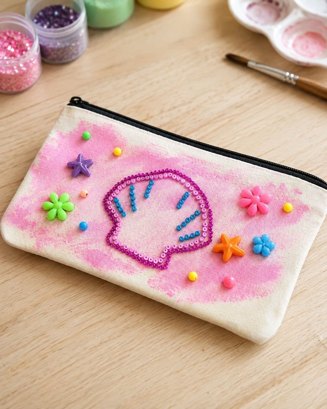 A canvas pencil case painted pink and bedazzled with beads and gems